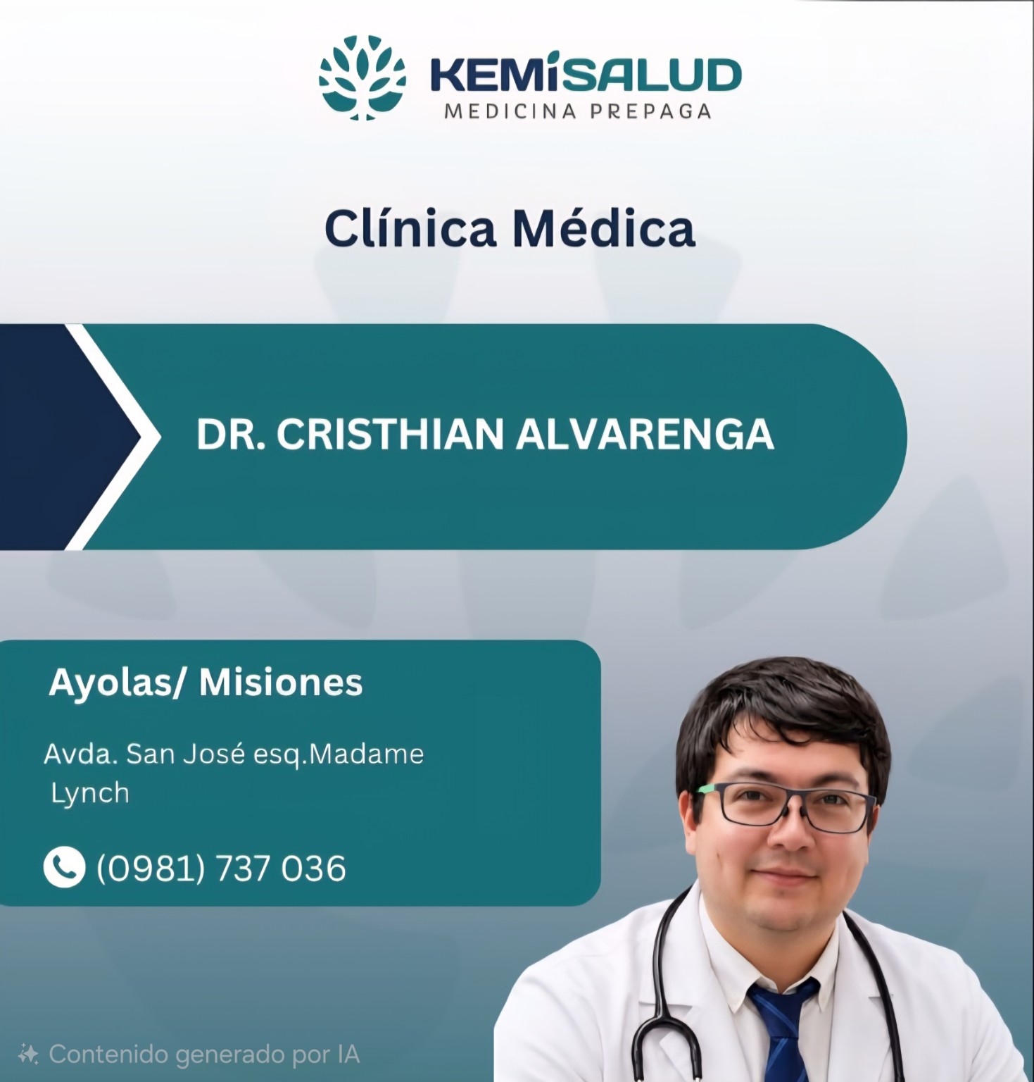Placa de Kemi Salud: Dr. Cristhian Alvarenga, Clínica Médica en Ayolas; consultas al 0981 737 036.